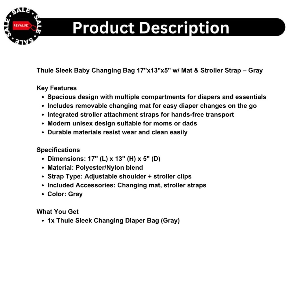 Thule Sleek Baby Changing Bag 17"x13"x5"‎ w/ Mat & Stroller Strap – Gray - Picture 2 of 10